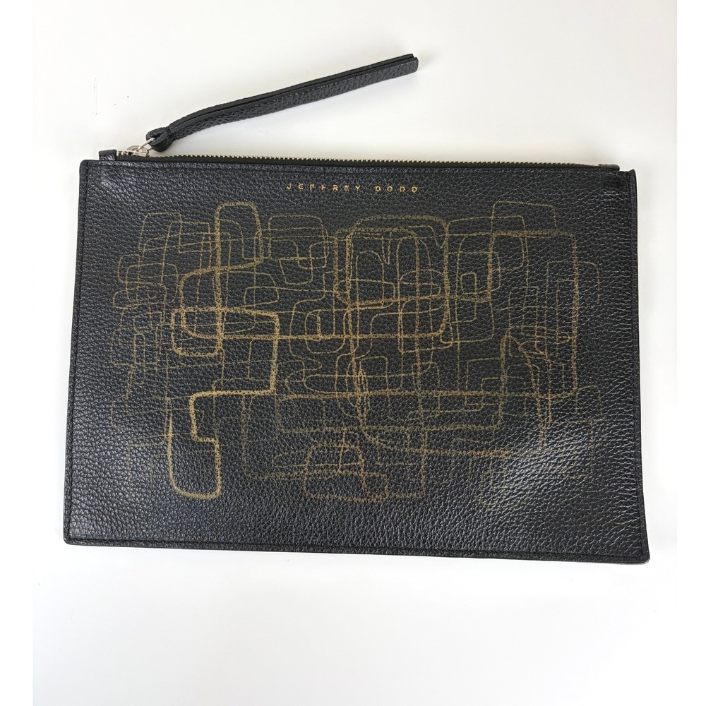 Jeffrey Dodd Black Pebbled Leather Abstract Art Clutch Wristlet + Tote